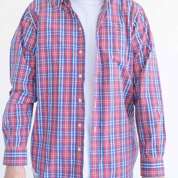 Vineyard Vines Blue & Red Checker Slim Fit Whales 100% Cotton Button Up Shirt M - Picture 2 of 12